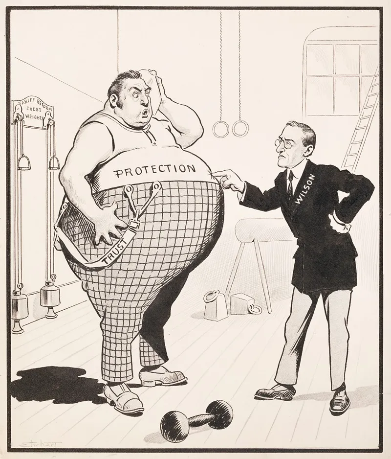 President Woodrow Wilson In A Gym Trying To Get An Overweight Man Representing Protection Trust Back Into Shape