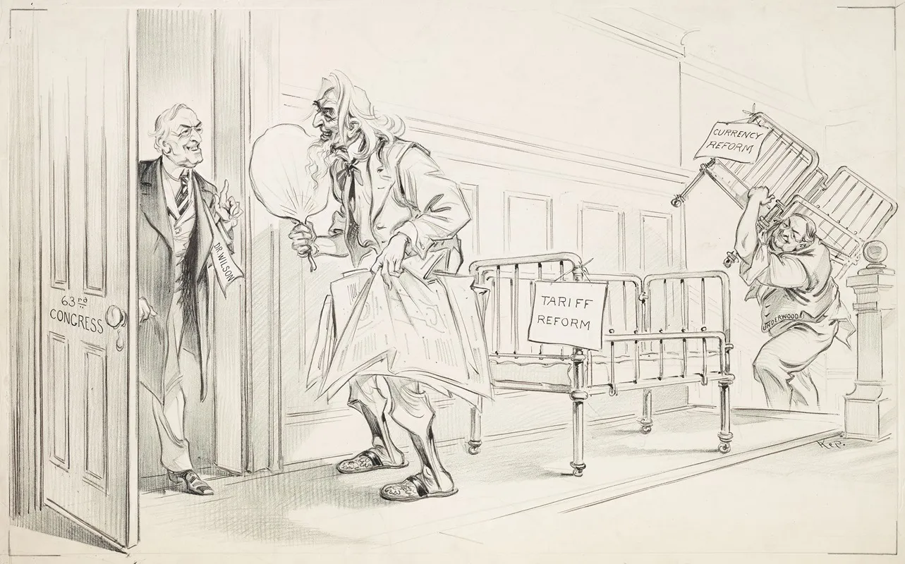 President Woodrow Wilson Is Depicted As A Doctor Delivering The Tariff Reform And Currency Reform Legislation Babies At The 63rd Congress