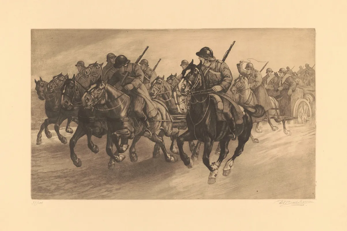 Prise De Position Chevaux Galopant Montes Par Des Artilleurs Et Trainant Un Canon by Constant Eugène de Busschere - Canvas Print