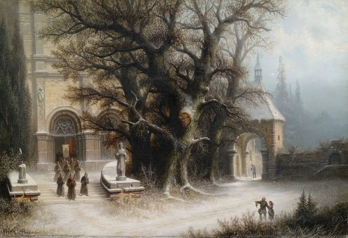 Procession At A Snowy Monastery