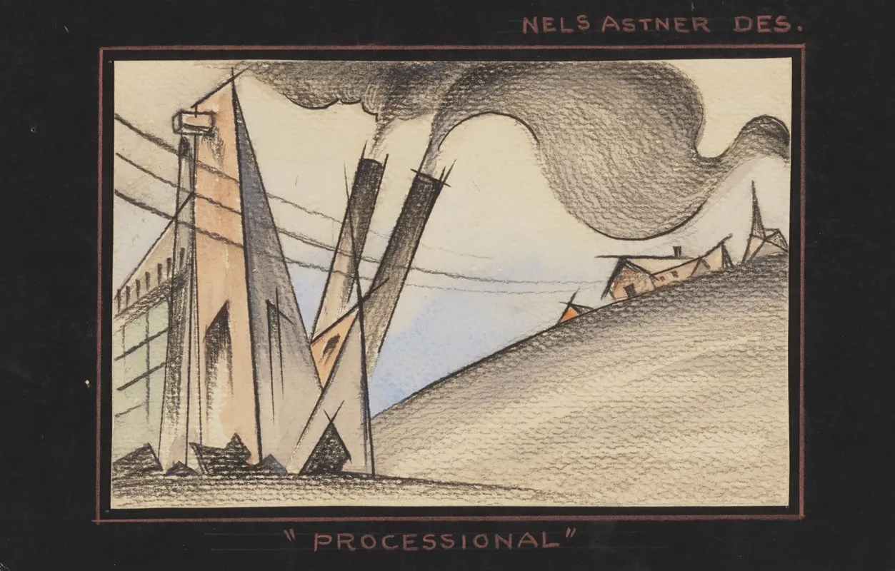 Processional Sketch No 1 Factory Smokestacks Houses by Nels Astner - Canvas Print