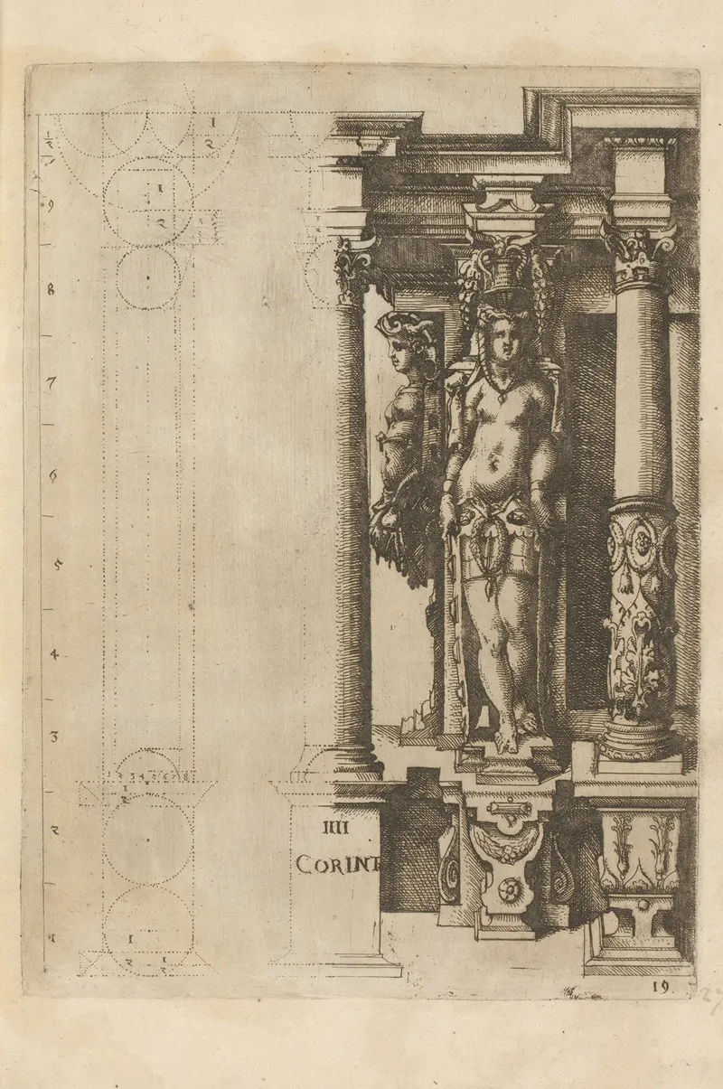 Proportions Of The Corinthian Column Order With A Caryatid And A Herm Seen From The Side by Wendel Dietterlin - Canvas Print