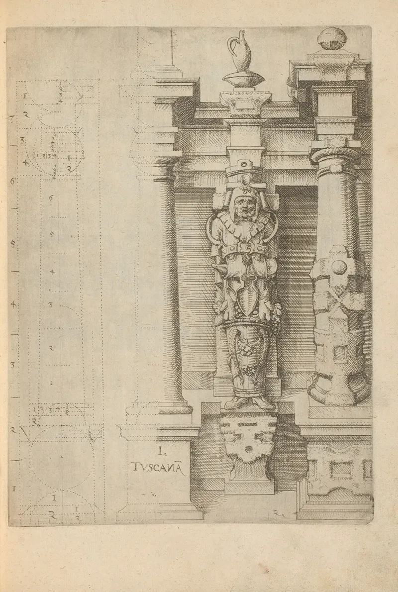 Proportions Of The Tuscan Column Order With An Atlante In The Form Of A Farm Laborer In A Barrel Between Two Columns by Wendel Dietterlin - Canvas Print