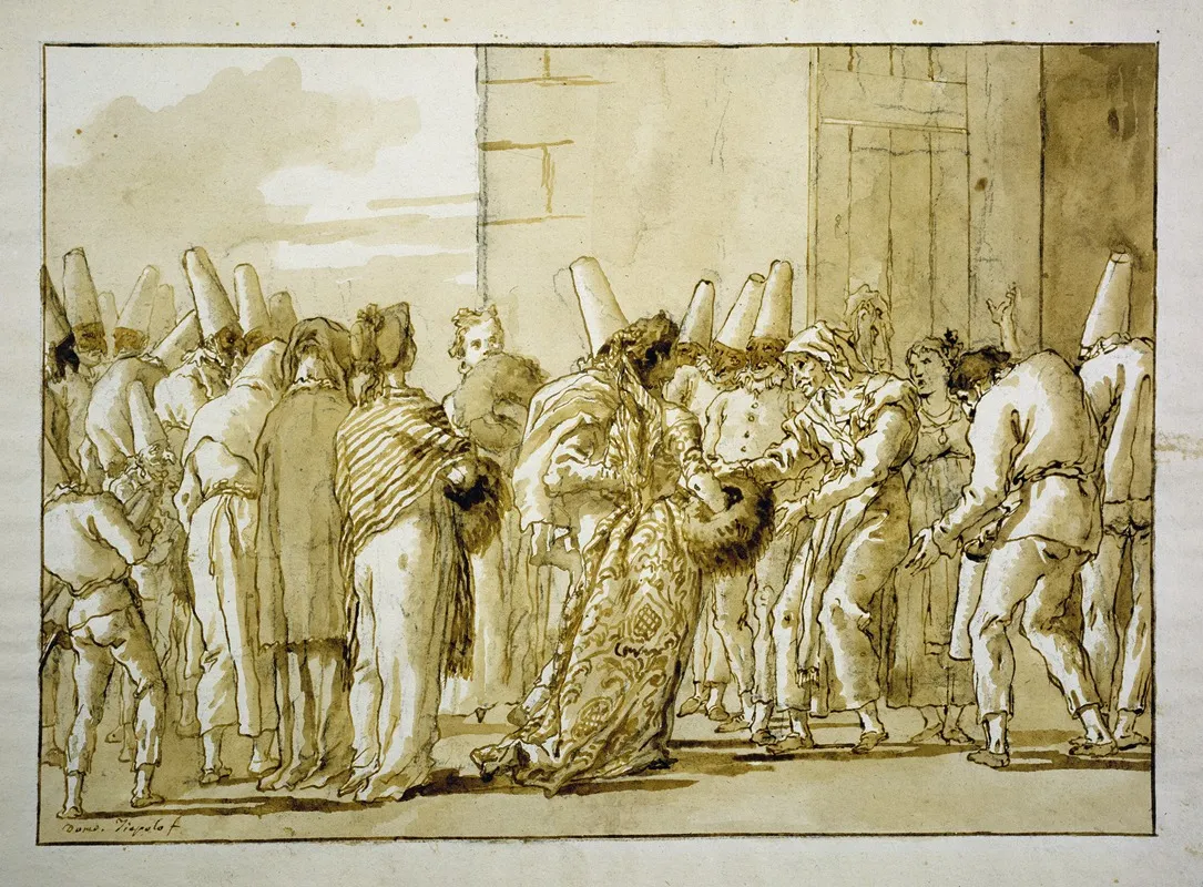 Punchinellas Father Brings Home His Bride 2 by Giovanni Domenico Tiepolo - Canvas Print