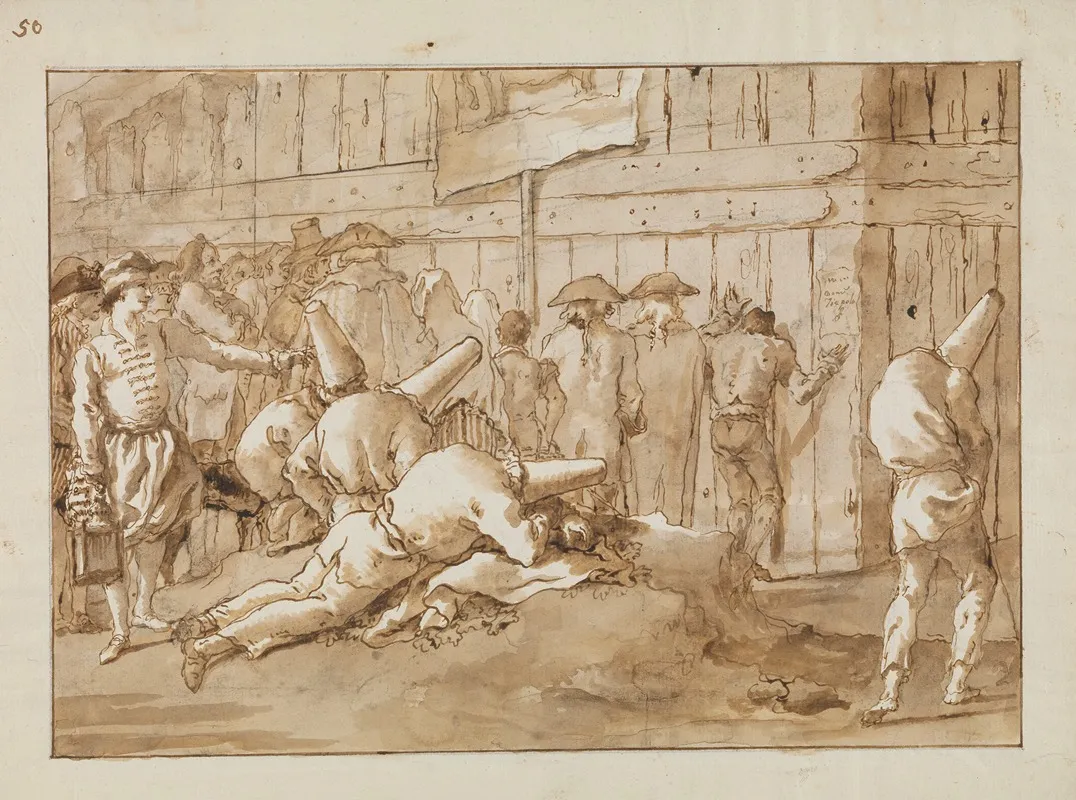 Punchinellos Outside A Circus by Giovanni Domenico Tiepolo - Canvas Print