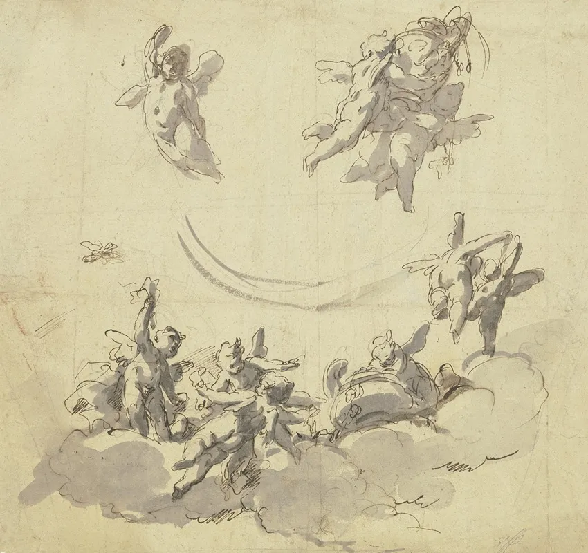 Putten Mit Deckelvase Und Amphora Auf Wolken