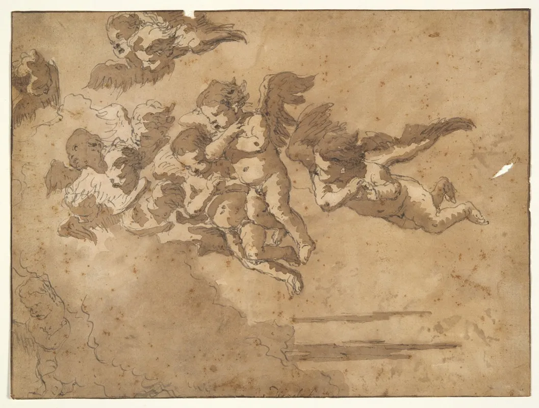 Putti Flying In Clouds by Giovanni Domenico Tiepolo - Canvas Print