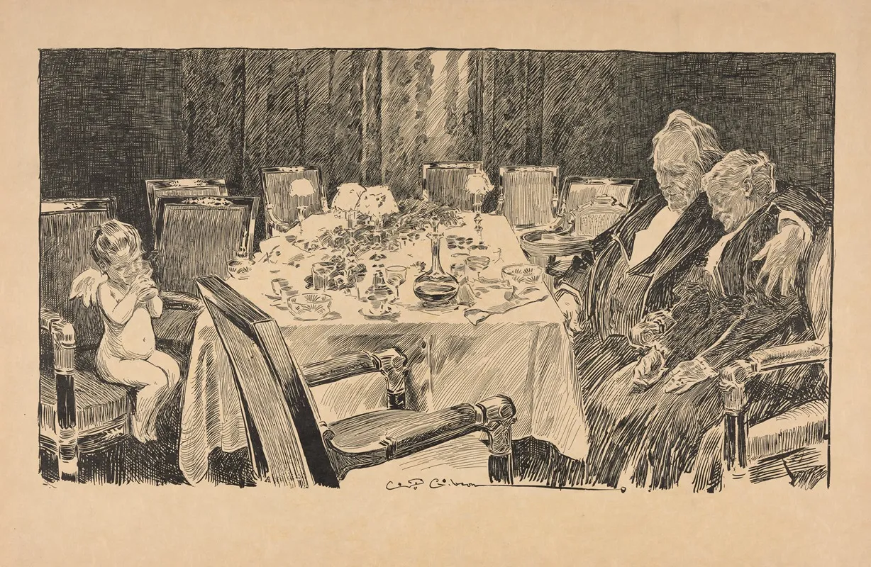 Putti Sips Champagne At Banquet Table Near Sleeping Elderly Couple