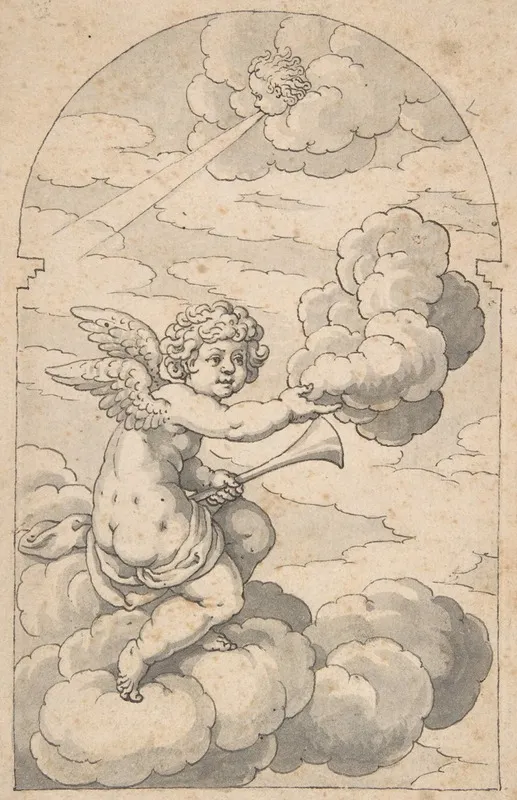 Putto Holding A Cloud And Horn by Crispijn de Passe the Elder - Canvas Print