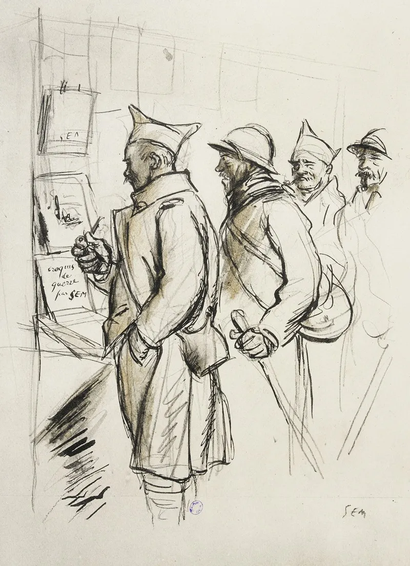 Quatre Soldats Regardant Les Croquis De Guerre De Sem