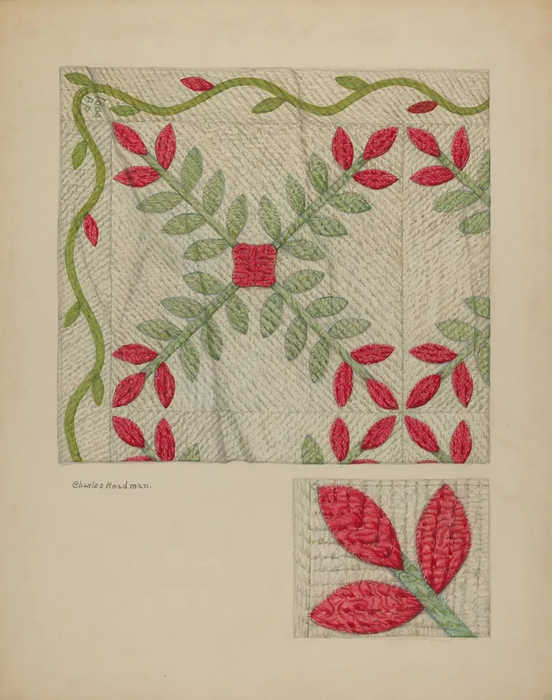 Quilt Red And Green Leaves by Charles Roadman - Canvas Print