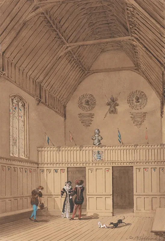 Raftered Hall With Figures In 16th Century Dress