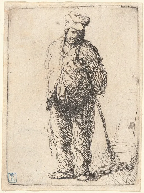 Ragged Peasant With His Hands Behind Him Holding A Stick by Rembrandt van Rijn - Canvas Print