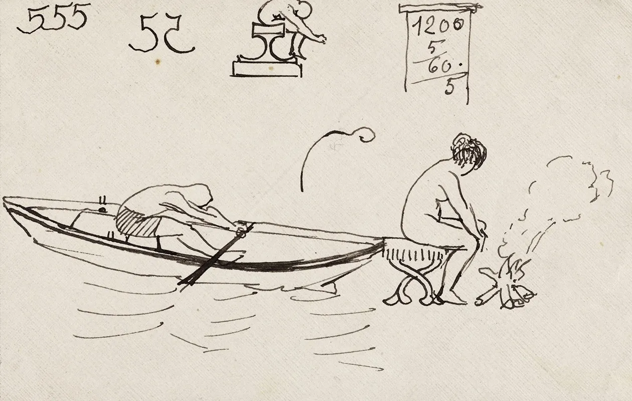 Rameur Dans Une Barque Et Femme Assise Pres Dun Feu De Bois