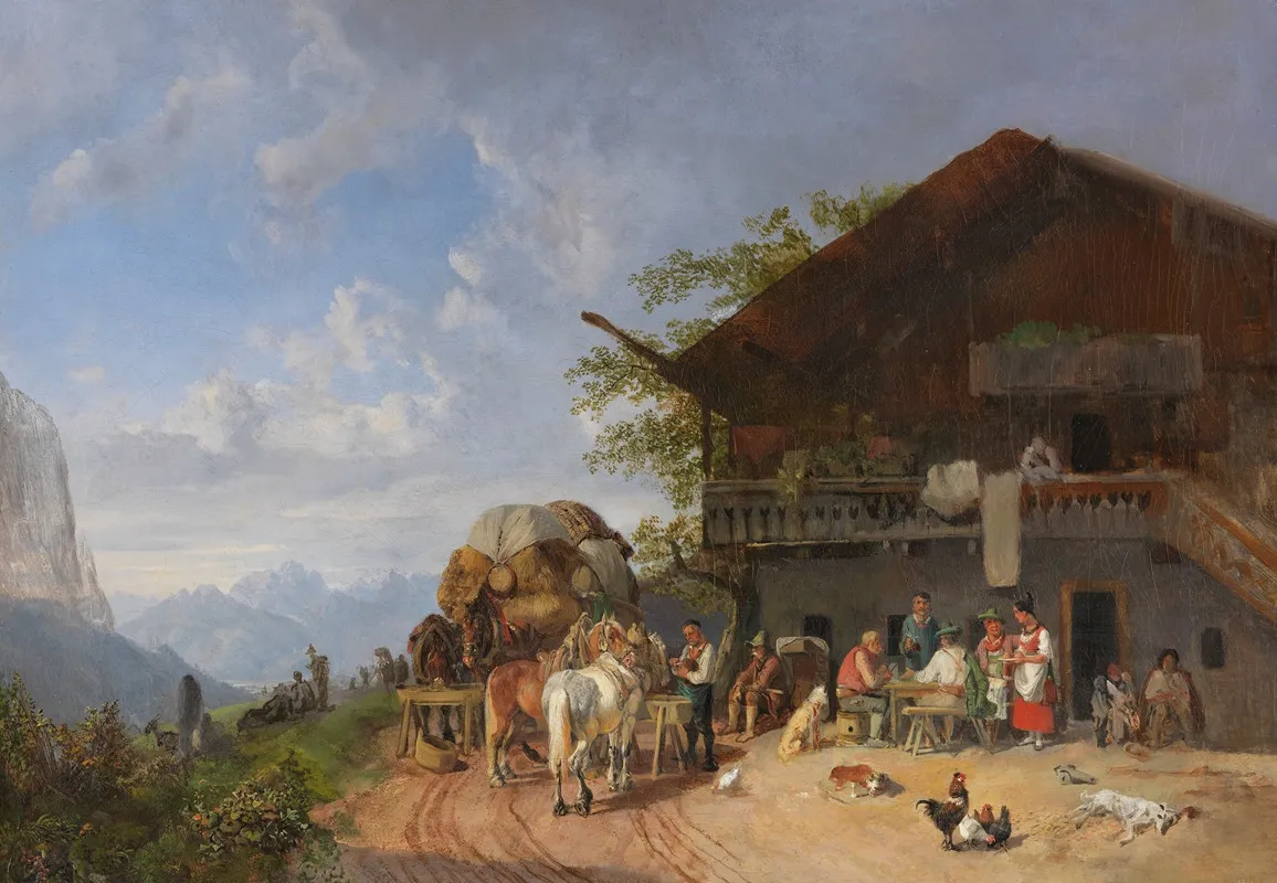 Rast Vor Einem Gasthof In Den Bergen by Heinrich Bürkel - Canvas Print
