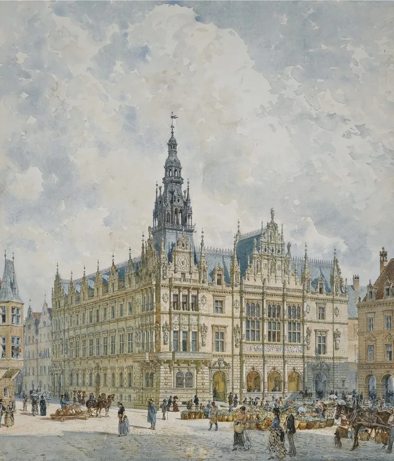 Rathausgebaude Im Renaissancestil Renaissance Style Town Hall by Rudolf von Alt - Canvas Print