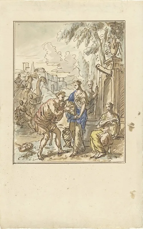 Rebekka Geeft Eliezer Te Drinken by Elias van Nijmegen - Canvas Print