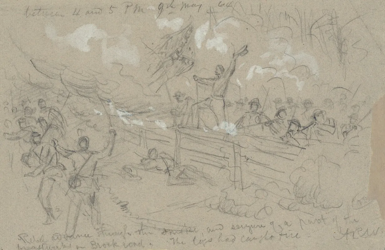 Rebel Advance Through The Smoke And Seizure Of A Part Of The Breastworks On Brock Road The Logs Had Caught Fire