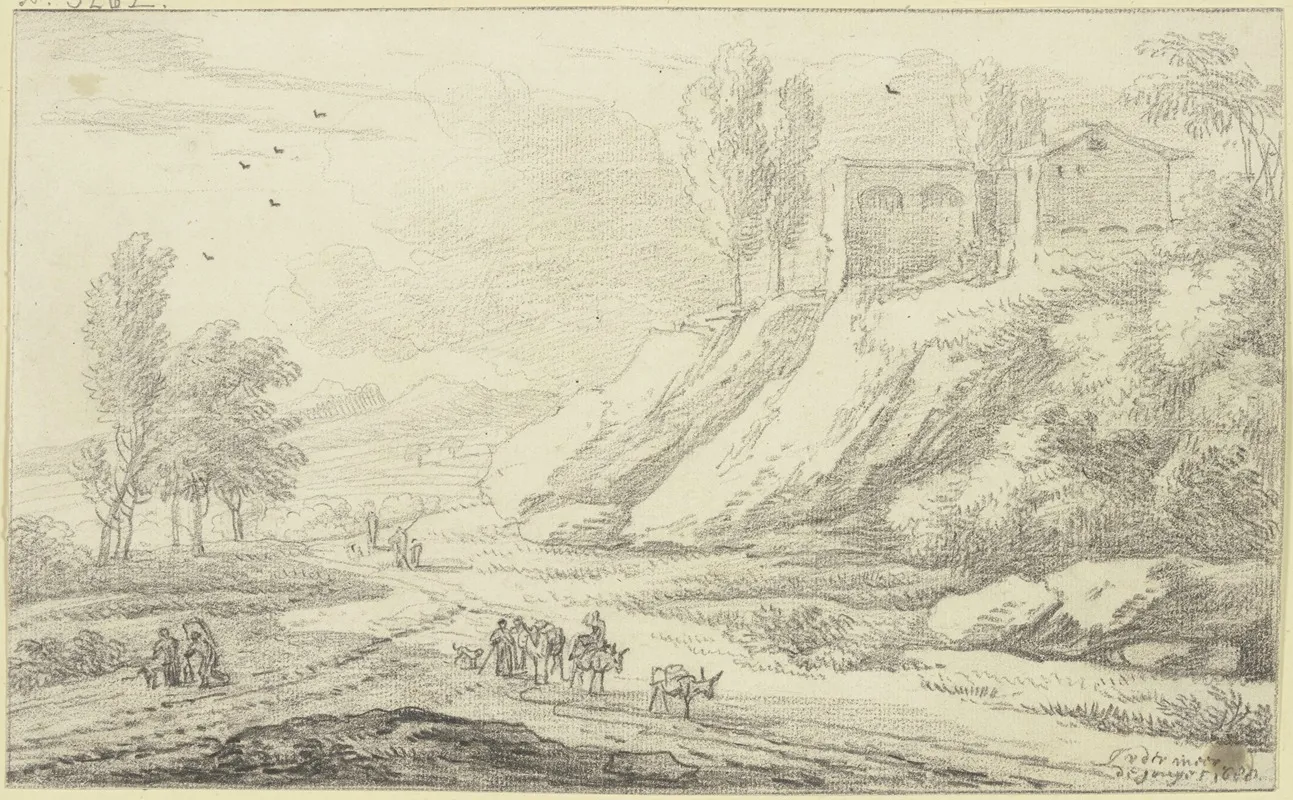 Rechts Am Weg Hugel Mit Gebauden Auf Demselben Eselstreiber Und Andere Figuren