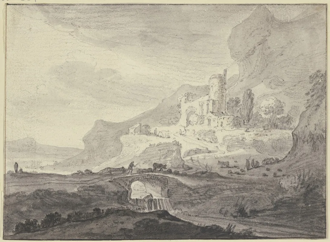 Rechts Bei Hohem Felsen Eine Burg Vorne Eine Brucke Uber Einem Wasserfall