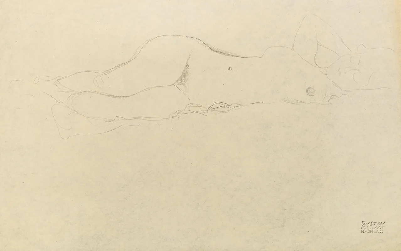 Reclining Female Nude With Her Hands Behind Her Head by Gustav Klimt - Canvas Print