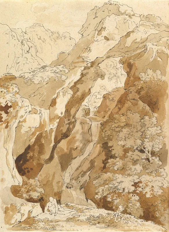 Reclining Man In A Mountainous Landscape With Waterfalls
