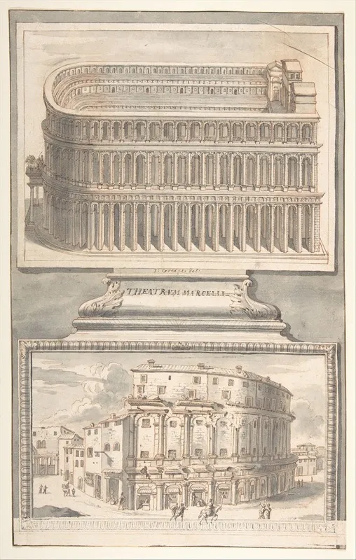 Reconstruction Of The Theatre Of Marcellus Above And A View Of The Ruins Below by Jan Goeree - Canvas Print