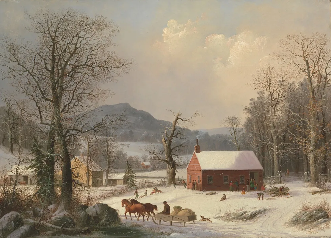 Red School House Country Scene by George Henry Durrie - Canvas Print