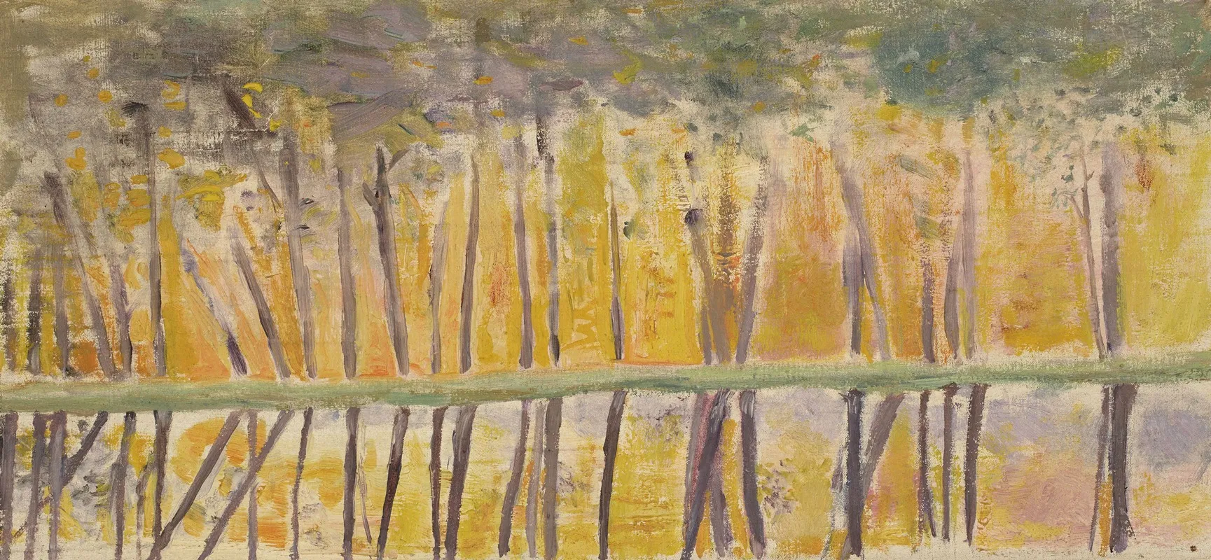 Reflet Sur Leau Dune Haie Darbres Sous Une Lumiere De Couchant 2 by Jeanne Jegou-Cadart - Canvas Print