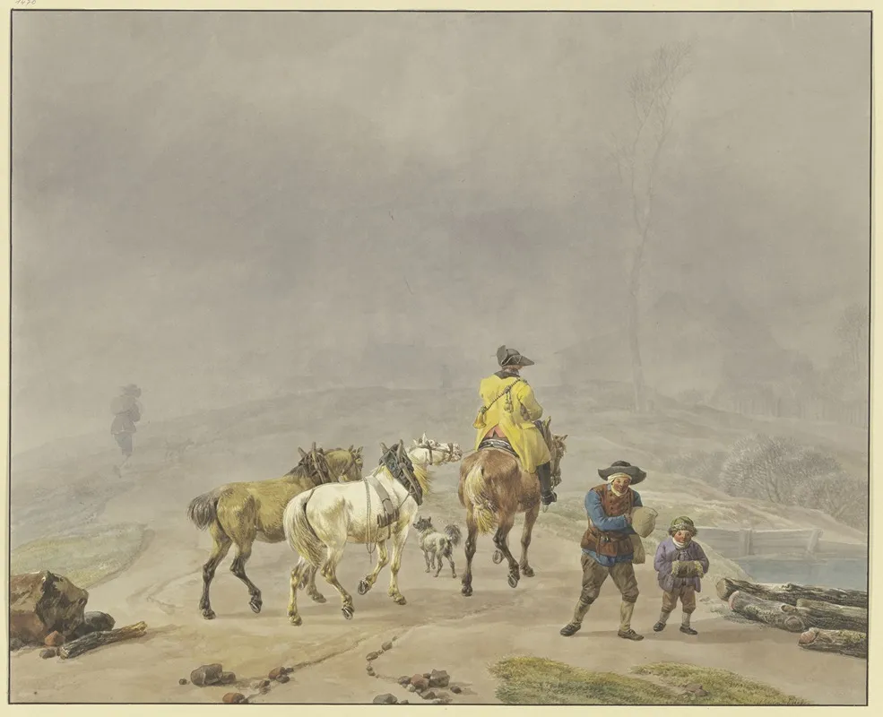 Reitender Postillion Mit Zwei Handpferden In Winterlicher Landschaft