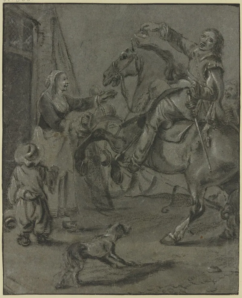 Reiter Mit Einer Schelle In Der Rechten Auf Einem Sich Aufbaumendem Pferd Sitzend Vor Ihm Seine Ihn Begrusend Aus Dem Haus Tretende Frau Dabei Ein Kind In Ruckansicht by Pieter van Laer - Canvas Print