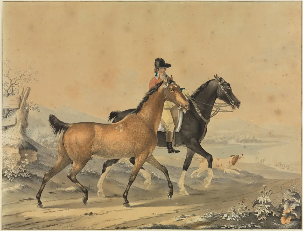 Reiter Mit Zwei Pferden Und Hund