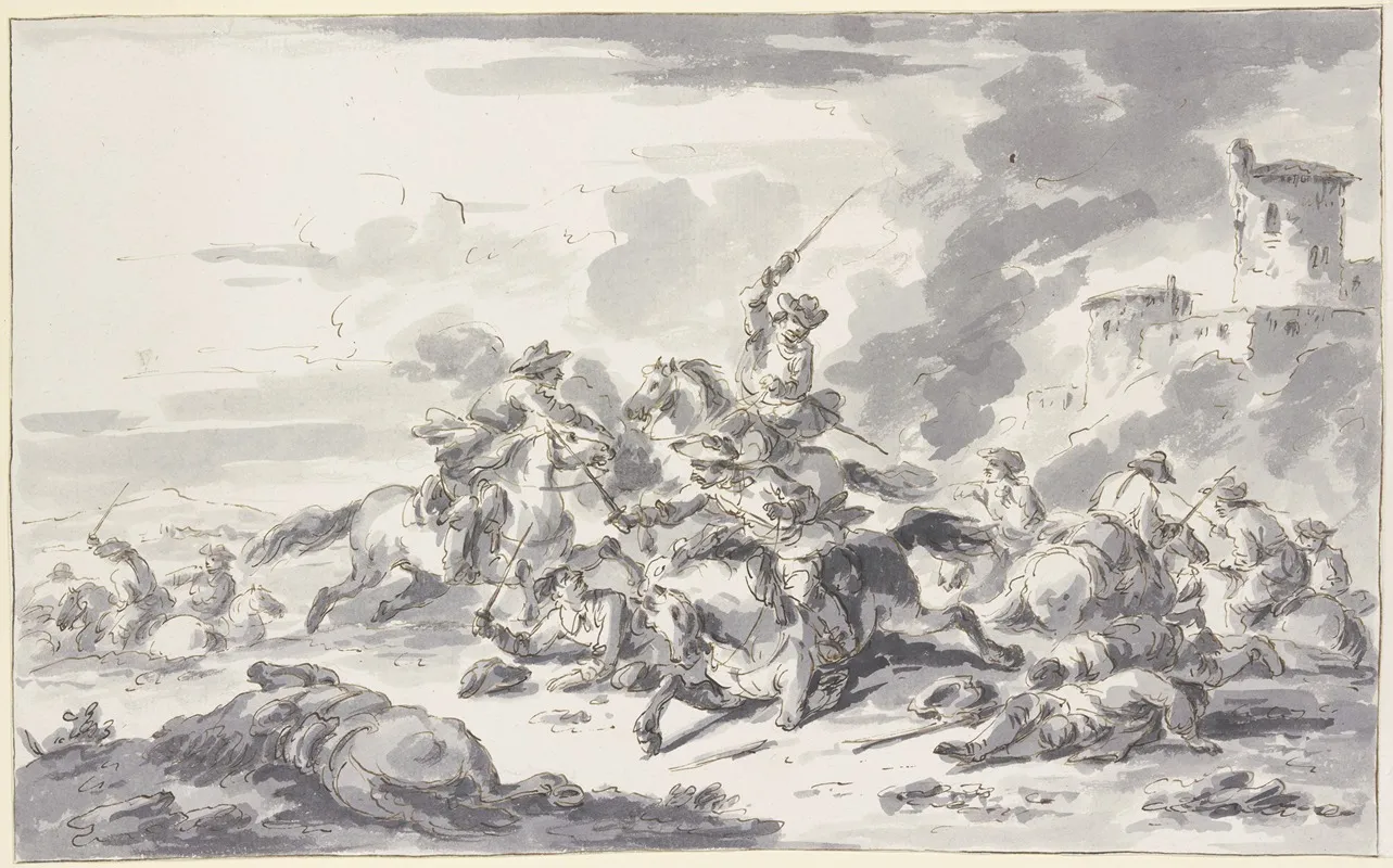 Reitergefecht Rechts Eine Burg by Charles Parrocel - Canvas Print