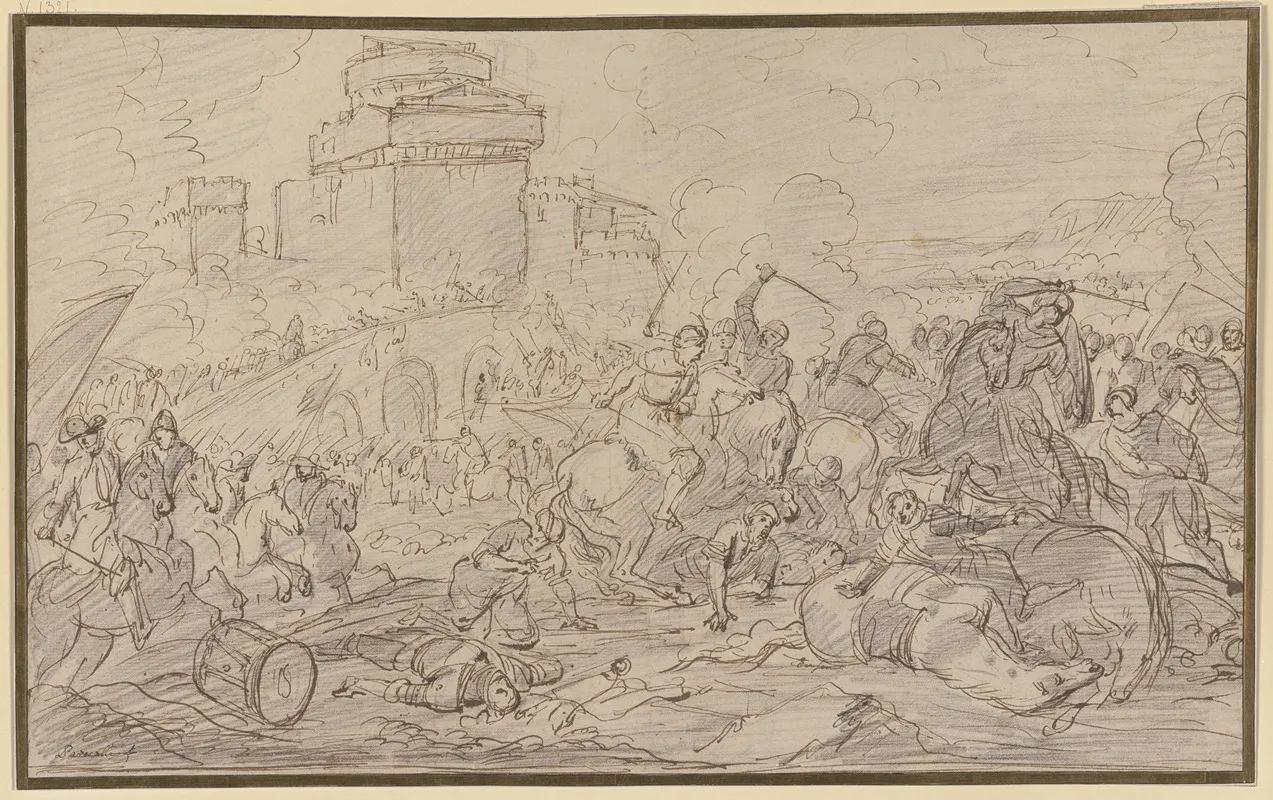 Reitergefecht Vor Einer Brucke Die Auf Eine Burg Zufuhrt by Charles Parrocel - Canvas Print