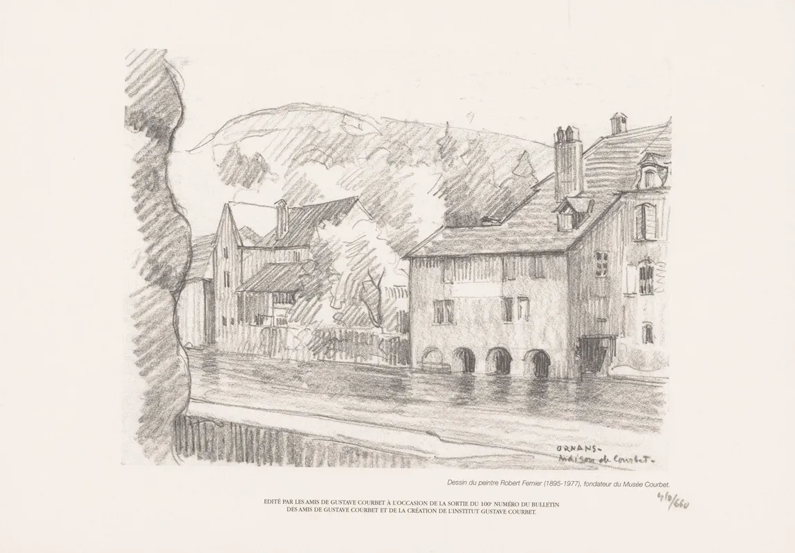 Reproductie Van Een Tekening Met Het Geboortehuis Van Gustave Courbet