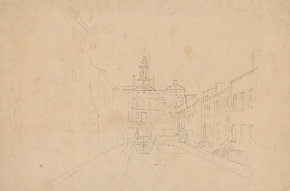 Residential Street Scene In Unidentified City With Public Building With Steeple On Hill In Background And Horse And Cart Or Wagon In Foreground