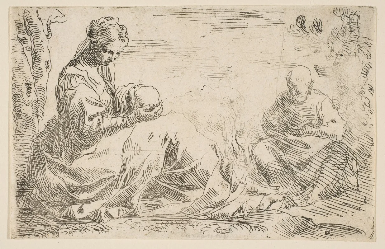 Rest On The Flight Into Egypt Mary Holding And Looking At The Infant Christ While St Joseph Reads