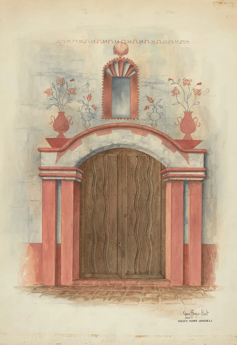 Restoration Drawing Main Doorway With Decorations Mission House by Geoffrey Holt and Harry Mann Waddell - Canvas Print