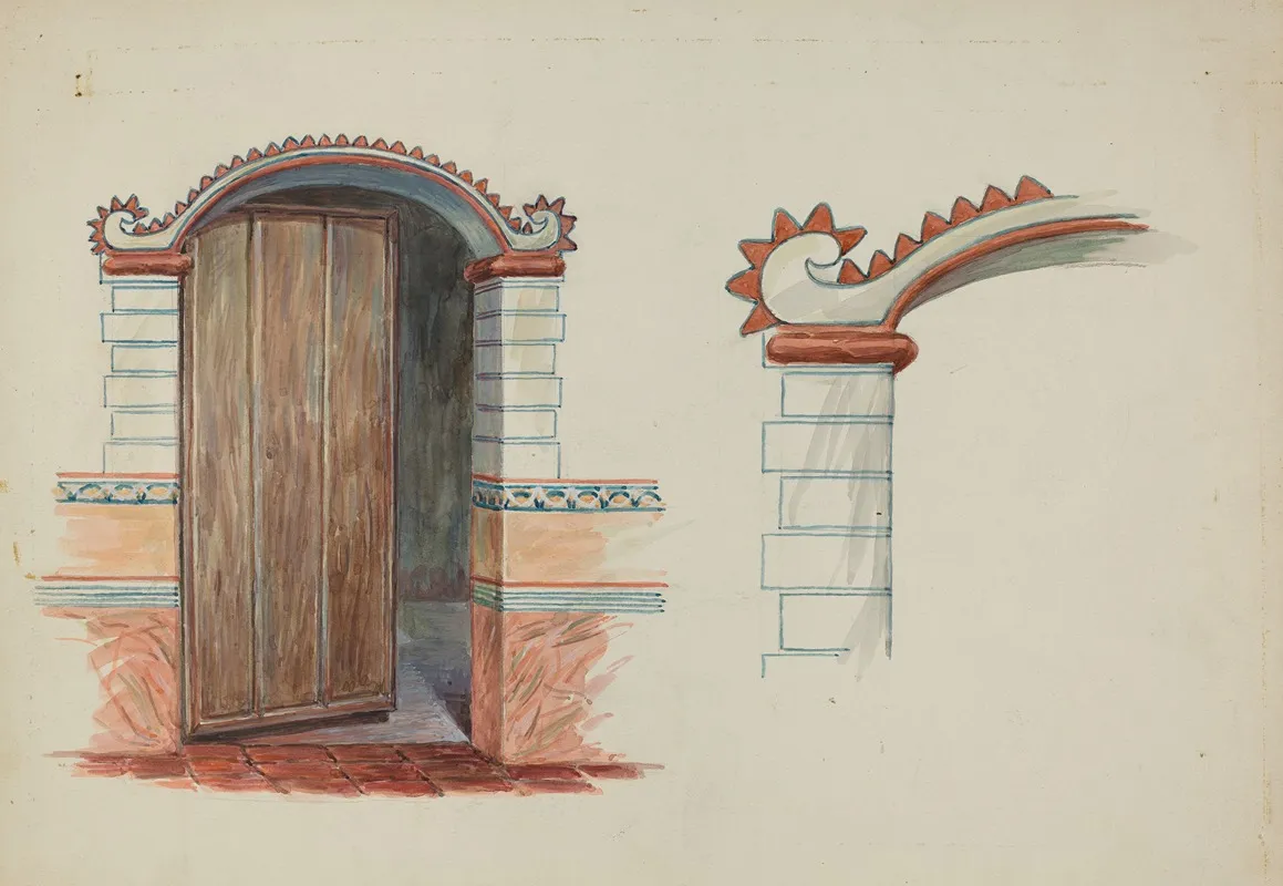 Restoration Drawing Wall Decoration Over Doorway Facade Of Mission House 3