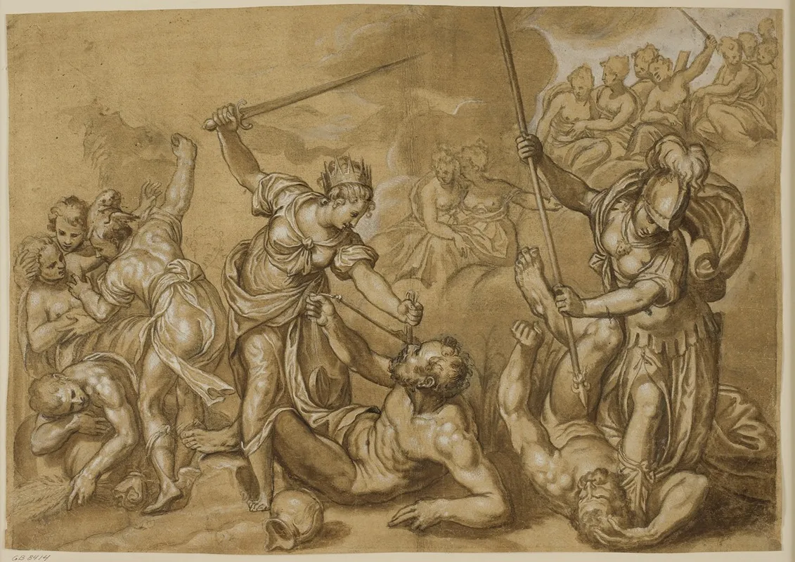 Retfaerdigheden Mercur Og Minerva Besejrer De Onde Magter Mens En Gruppe Gudinder Ser Til Fra Skyerne by Paolo Farinati - Canvas Print