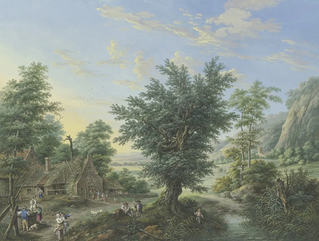 Rich Landscape With Trees Meadows And Villages In The Front Left A Hut With A Well And Many Figures