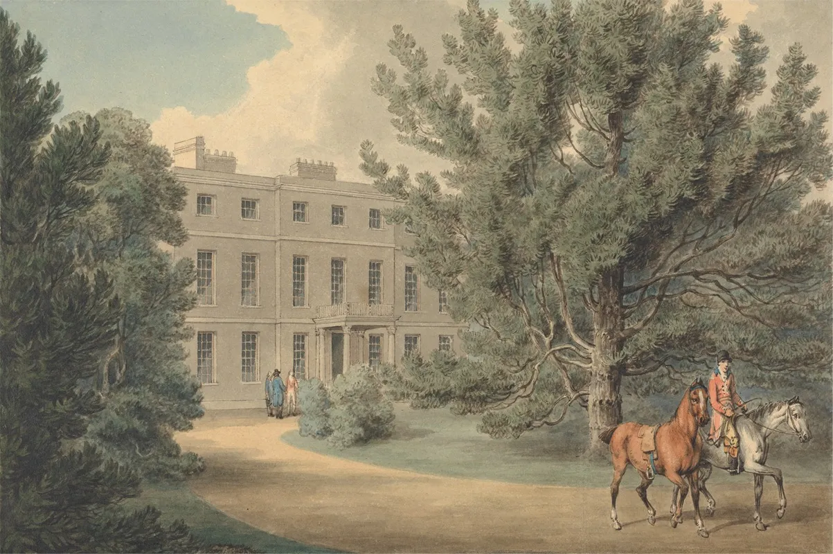 Rider Leading A Second Horse Leaving The Grounds Of A Country House