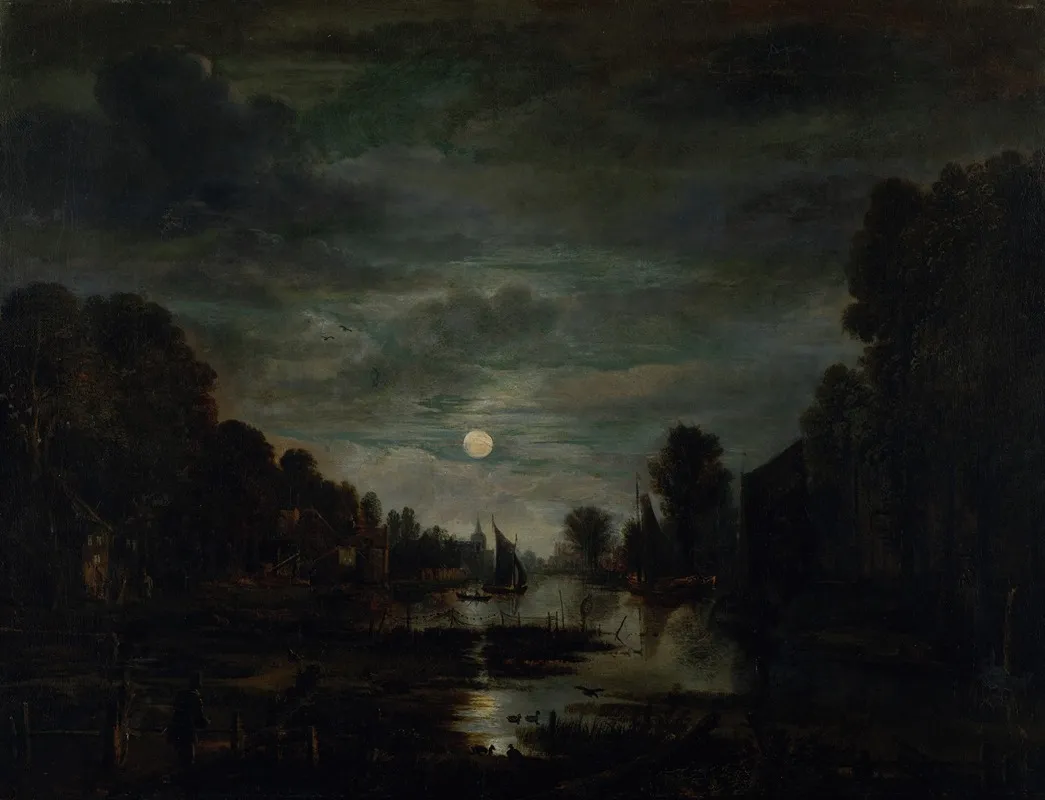 River Landscape In Moonlight 2 by Aert van der Neer - Canvas Print