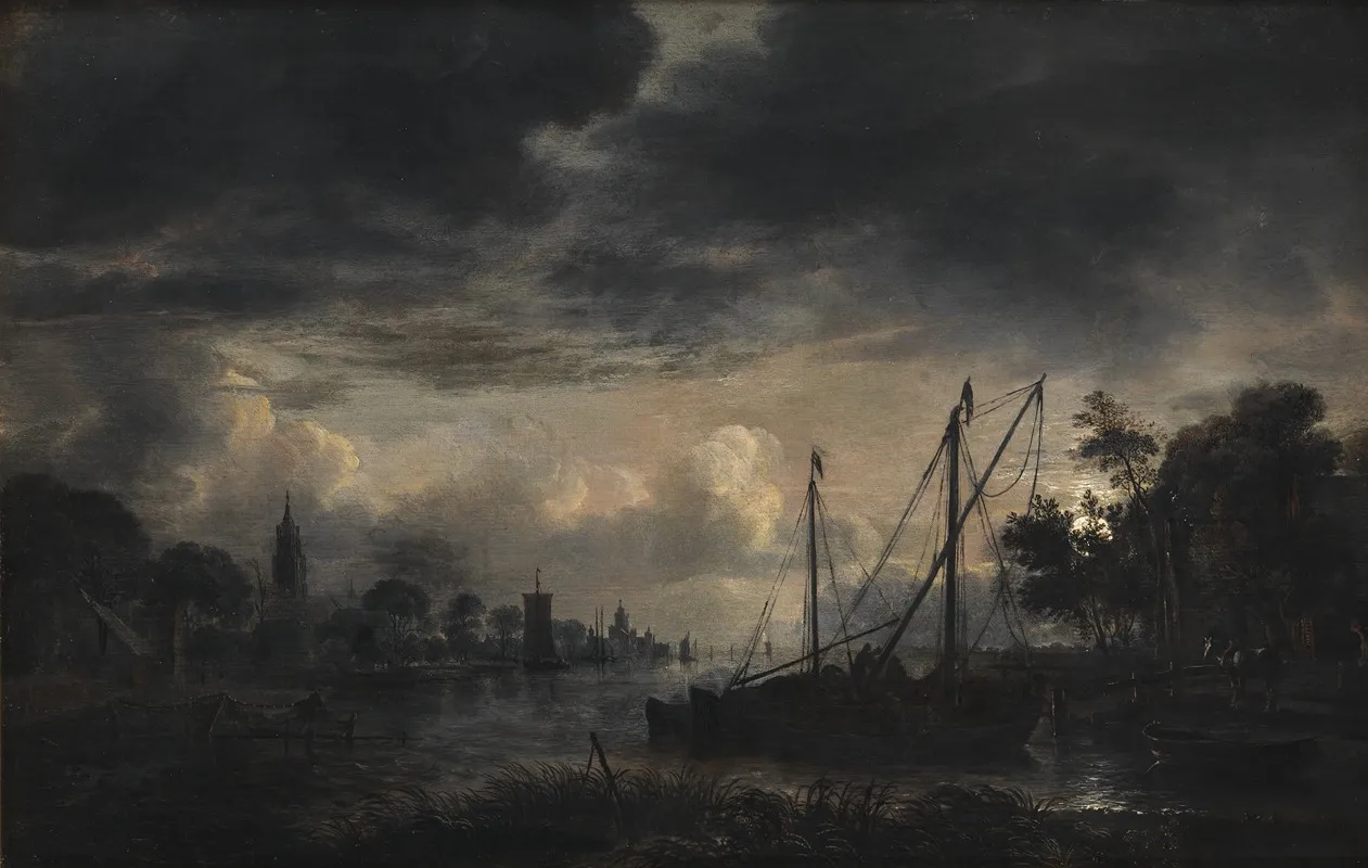 River Landscape In Moonlight by Aert van der Neer - Canvas Print