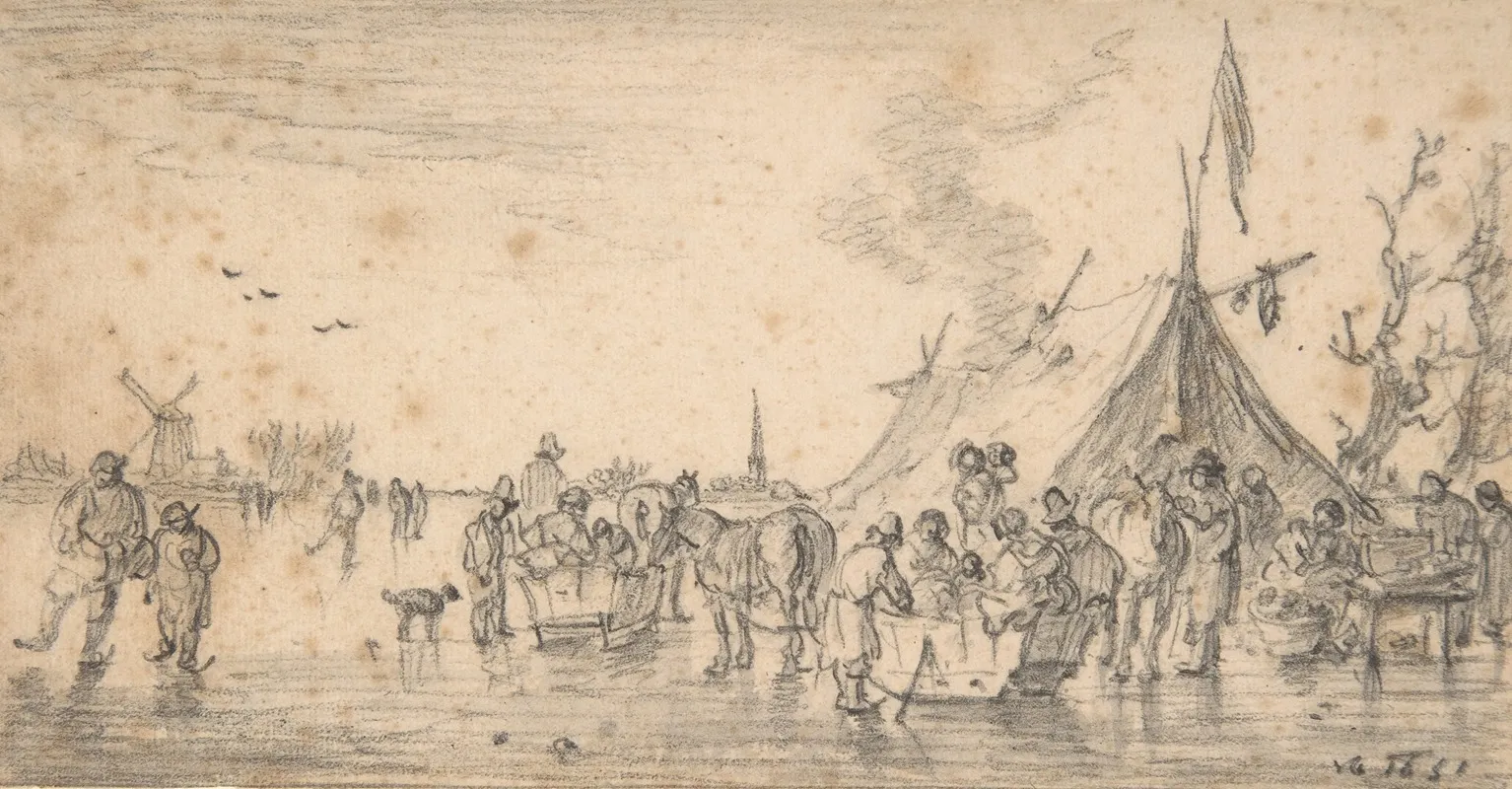 River Landscape In Winter With Figures Skating And Sleds