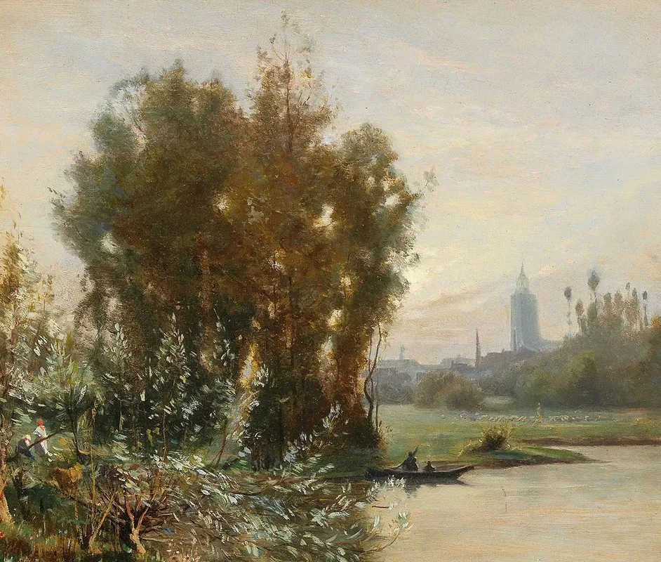 River Landscape With A City In The Background by Camille Flers - Canvas Print