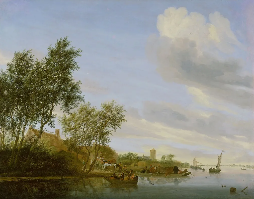 River Landscape With A Ferry by Jacob Salomonsz. van Ruysdael - Canvas Print