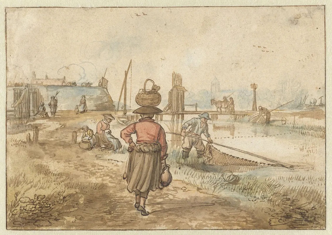 River Landscape With A Woman Carrying A Basket On Her Head Fishermen And Other Figures Near The Walls Of A Town by Hendrick Avercamp - Canvas Print