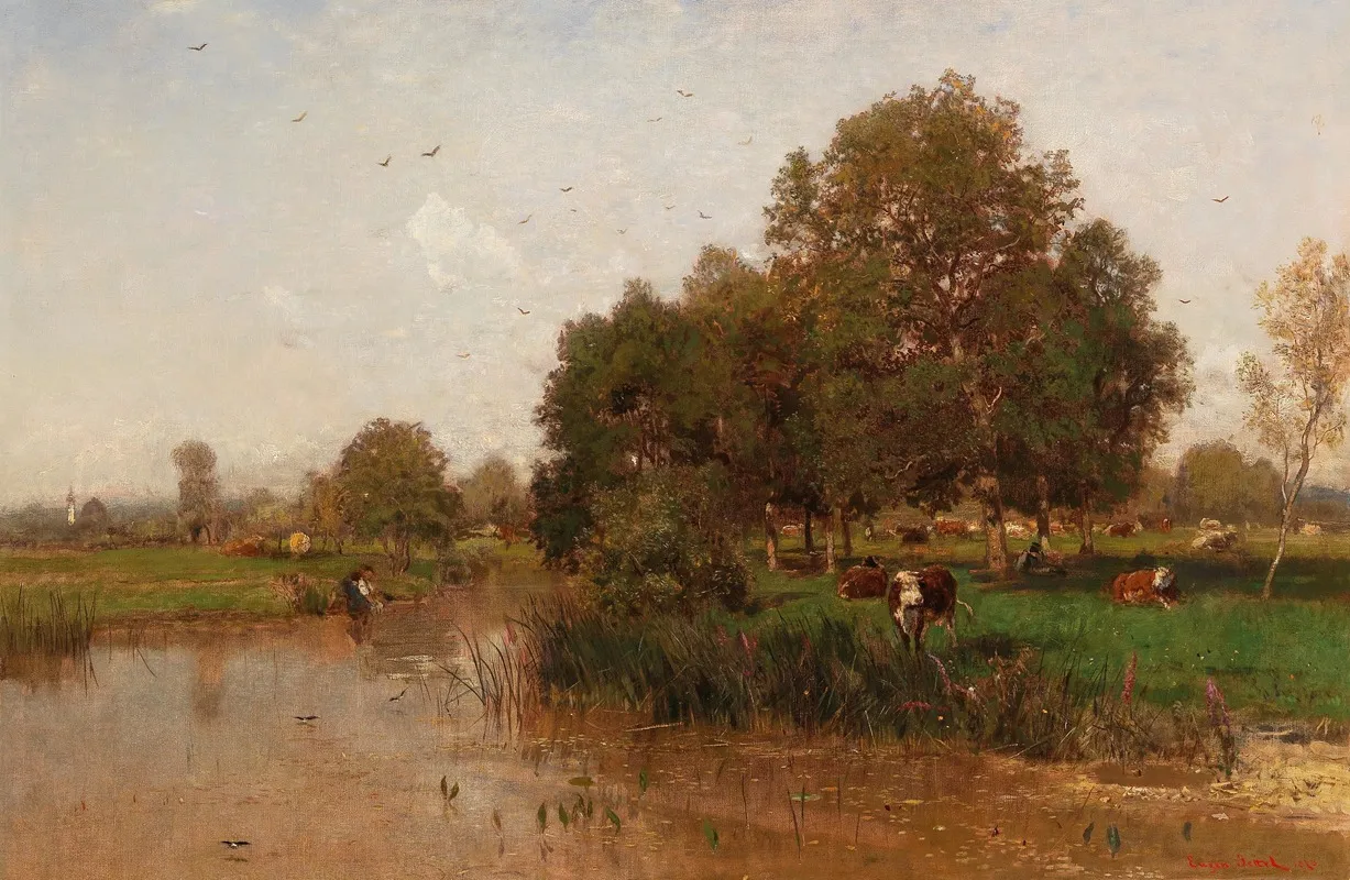 River Landscape With Cows Resting by Eugen Jettel - Canvas Print