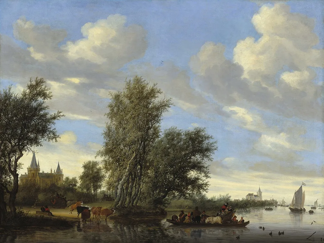 River Landscape With Ferry by Jacob Salomonsz. van Ruysdael - Canvas Print